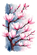 A Japanese-inspired illustration featuring a delicate branch adorned with vertically arranged soft pink magnolia blossom tattoo design idea