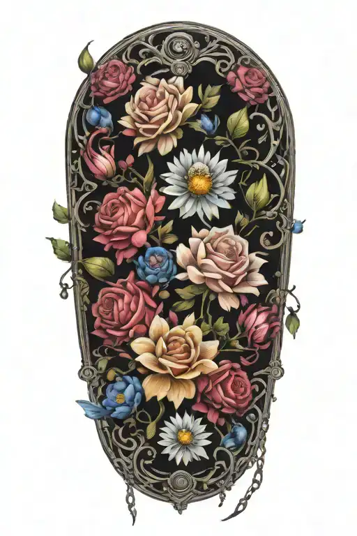 An intricate tattoo with a chain of daisys cosmos flowers and roses tattoo design idea