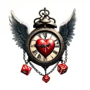 heart clock with cross inside the clock as it's hands, a heart dice handing from the clock with a chain and angel wings  tattoo design idea