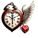 heart clock with cross inside the clock as it's hands, a heart dice handing from the clock with a chain and angel wings  tattoo design idea