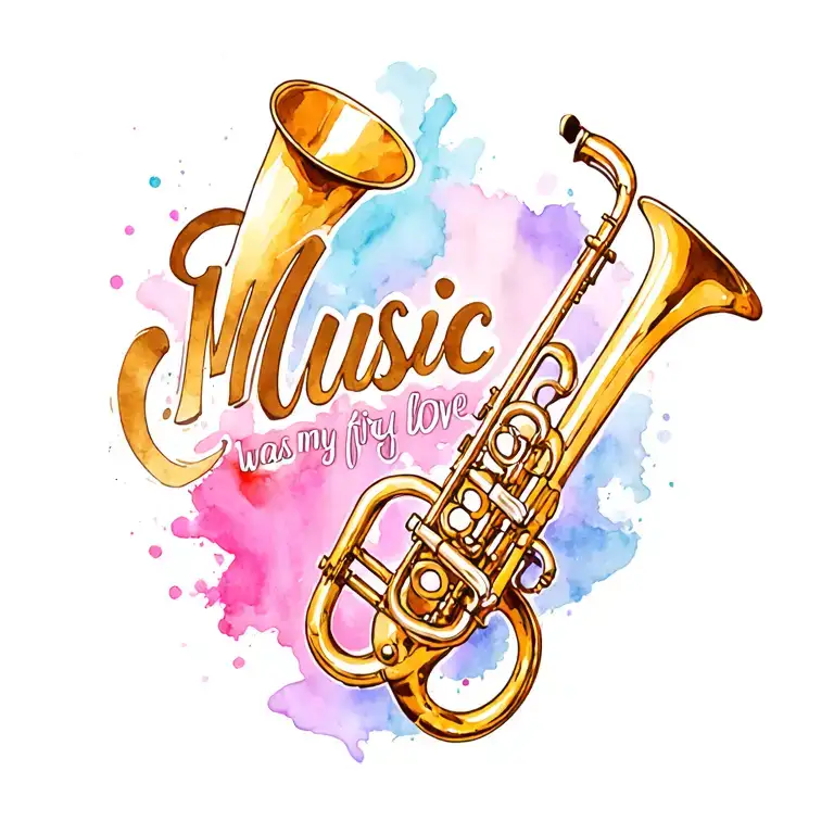 "Music was my first love" bass trombone surrounded tattoo design idea