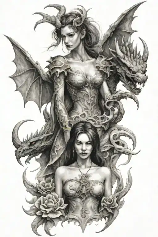 dragon angel and demon girl tattoo design idea