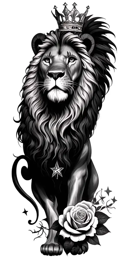 lion with a crown, stars, a roses, Capricorn, African art tattoo design idea