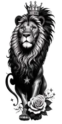 lion with a crown, stars, a roses, Capricorn, African art tattoo design idea