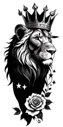 lion with a crown, stars, a roses, Capricorn, African art tattoo design idea