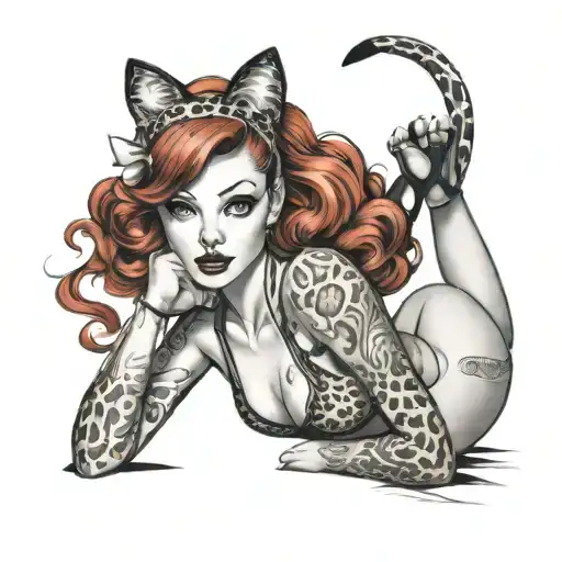 pin up, female, red hair, leopard print bikini, cat ear headband tattoo design idea