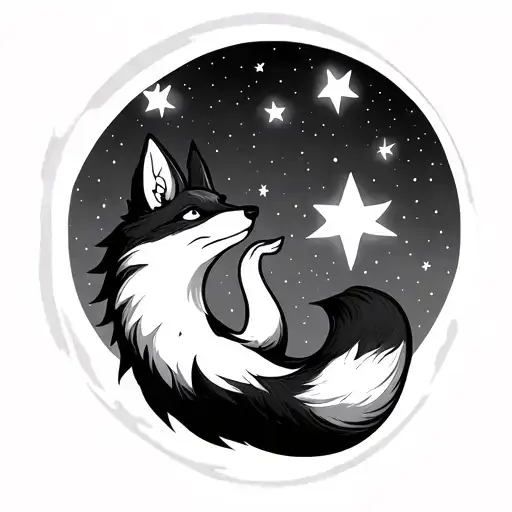 fox playing with itself and three stars in the sky above it tattoo design idea