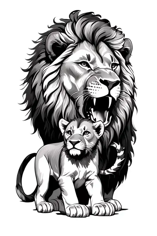 roaring Lion protecting cub lion tattoo design idea