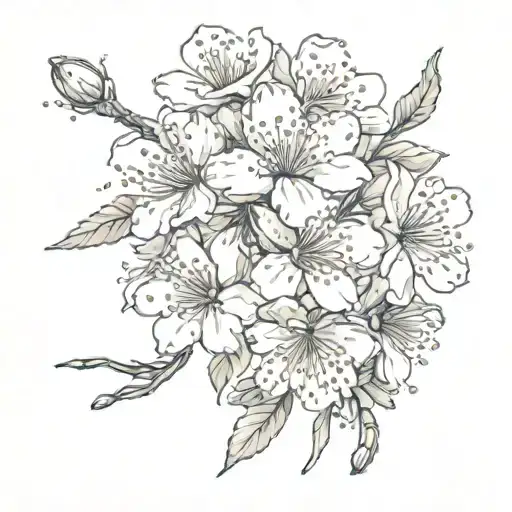 A detailed, artistic illustration of a cherry blossom in a botanical style. Include intricate details of the flowers and tattoo design idea