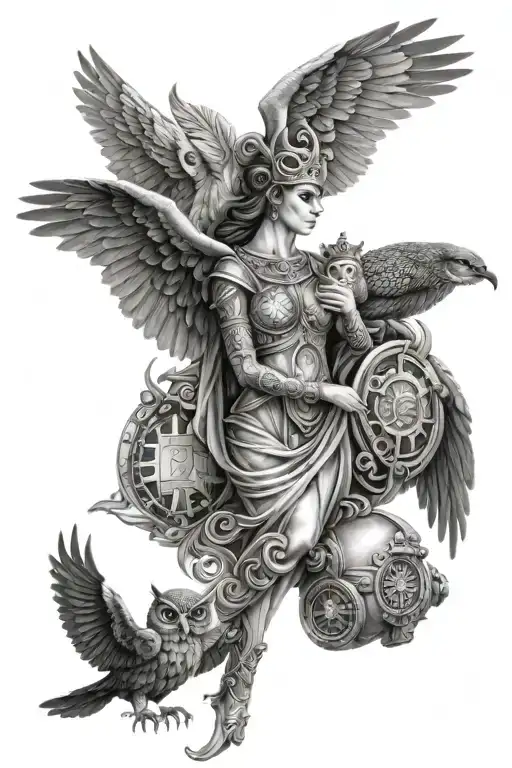 men full sleeve tattoo of the goddess athena full body with an owl, biological heart and chess queen tattoo design idea