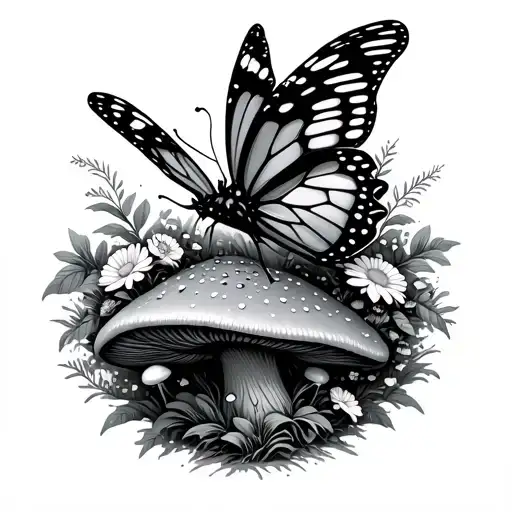 cyber butterfly flying on top of a mushroom with a garden of flowers around the mushroom tattoo design idea