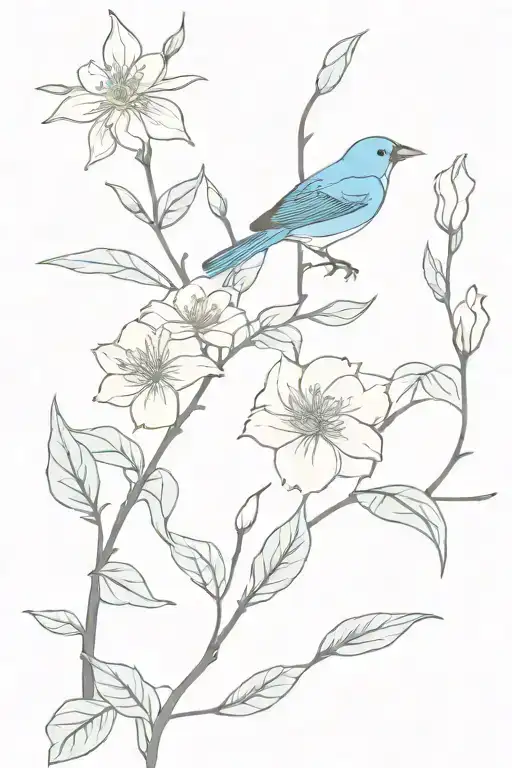 Japanese Kerry Rose flowers and Indigo Bunting tattoo design idea