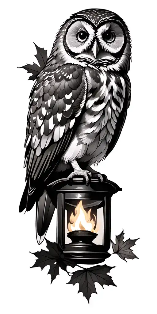 barred owl surrounded by maple leaves sitting on burning lantern tattoo design idea