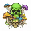 Rotting Toxic Mushrooms Melting downwards, psychedelic, trippy, gaseous,  purple green black blue pink. Decrepit Skull tattoo design idea