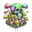 Rotting Toxic Mushrooms Melting downwards, psychedelic, trippy, gaseous,  purple green black blue pink. Decrepit Skull tattoo design idea