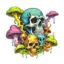 Rotting Toxic Mushrooms Melting downwards, psychedelic, trippy, gaseous,  purple green black blue pink. Decrepit Skull tattoo design idea