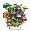 Rotting Toxic Mushrooms Melting downwards, psychedelic, trippy, gaseous,  purple green black blue pink. Decrepit Skull tattoo design idea