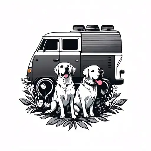 a husband and wife, 2 golden retrievers and a campervan tattoo design idea