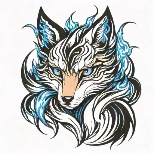 black and white nine tailed fox with body surrounded by blue flames tattoo design idea