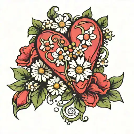 Heart with daisies and sweet pea flowers tattoo design idea