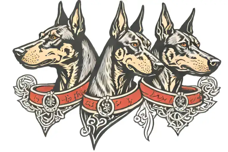 3 Dobermans angry barking on spike collar leashes in American traditional tattoo. One centered and the other two barking tattoo design idea