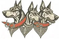 3 Dobermans angry barking on spike collar leashes in American traditional tattoo. One centered and the other two barking tattoo design idea