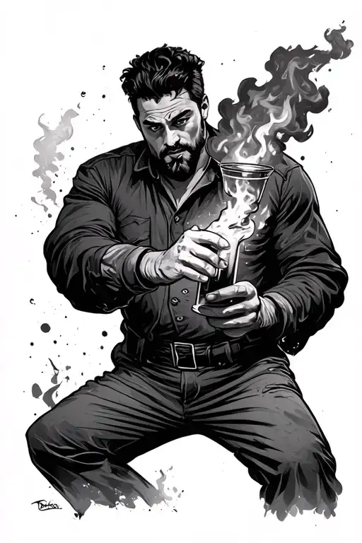 man throwing Molotov cocktail tattoo design idea