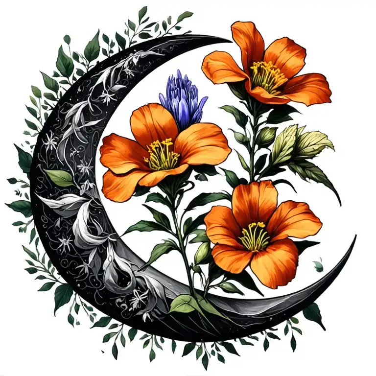 evening primrose, campanula, and balsam in the shape of a crescent moon tattoo design idea