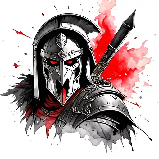 Watercolor style tattoo, furious, every minute is a battle, time is running out, black and red magic colors, Spartan hel tattoo design idea