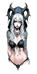 Sexy Pale Girl, Petite, Big Boobs, Wide Hips, G-string. Messy Hair, Horns, Sexual.... on hood, white eyes, druid tattoo design idea