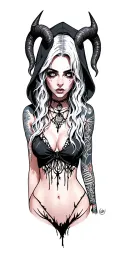Sexy Pale Girl, Petite, Big Boobs, Wide Hips, G-string. Messy Hair, Horns, Sexual.... on hood, white eyes, druid tattoo design idea