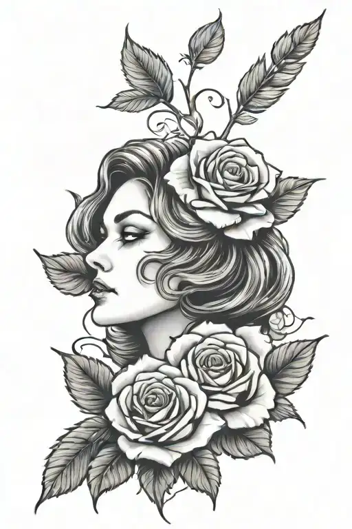 roses and woman face tattoo design idea