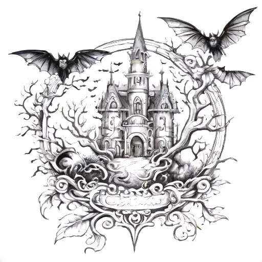 kingdom with poison tree and bats tattoo design idea