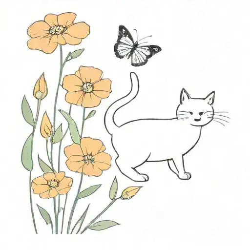 black and white cat chasing a butterfly with flowers tattoo design idea