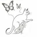 black and white cat chasing a butterfly with flowers tattoo design idea