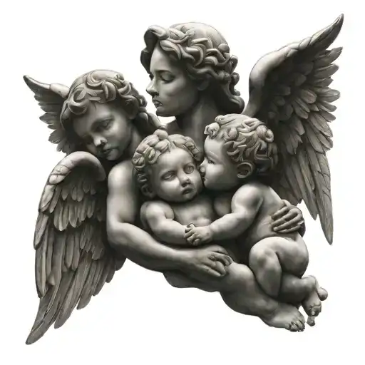 family and cherub angel tattoo design idea