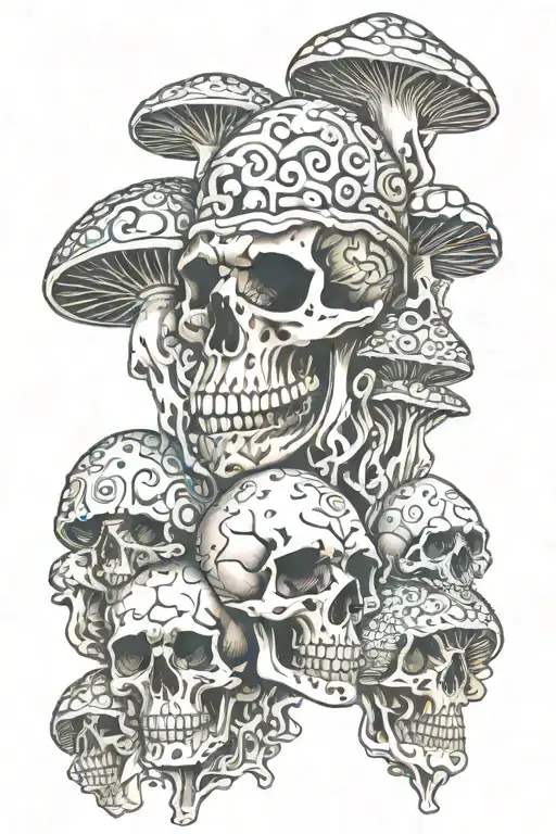 psychedelic mushrooms bent figures emerging skulls and eyes tattoo design idea