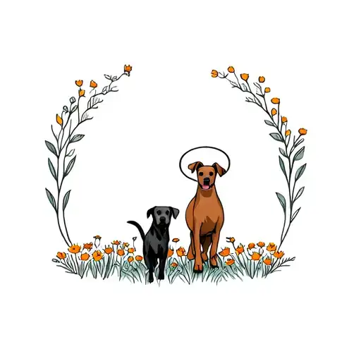 A female black lab and a female brown cur walking together through a flower field with halos tattoo design idea