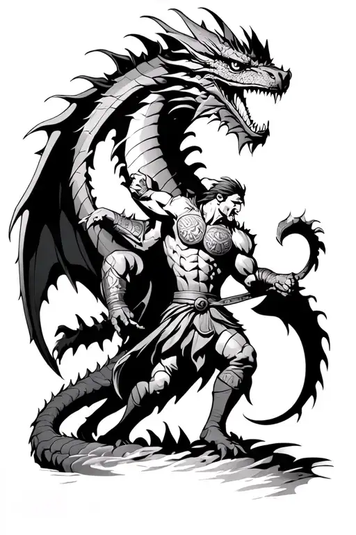 jacked spartan warrior fighting a dragon, think good vs evil, dark keltic style, wrapped in battle tattoo design idea
