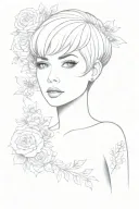 goddess of skills learned by necessity, enchanting eyes, wide hips, dressed skimpy but royal & classy short hair front f tattoo design idea