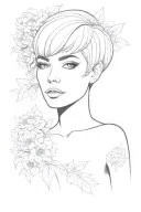 goddess of skills learned by necessity, enchanting eyes, wide hips, dressed skimpy but royal & classy short hair front f tattoo design idea