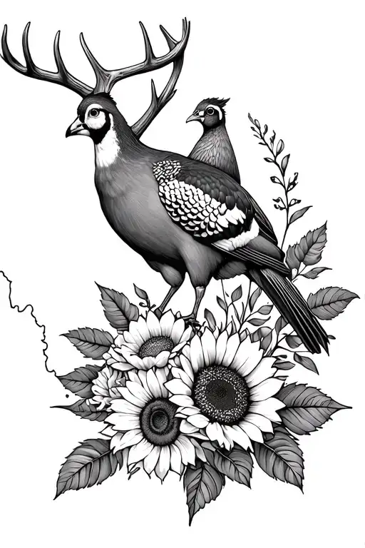 Cherokee roses + a  sunflower + a pheasant + the outline of the state of Georgia + Mule Deer Antlers  tattoo design idea