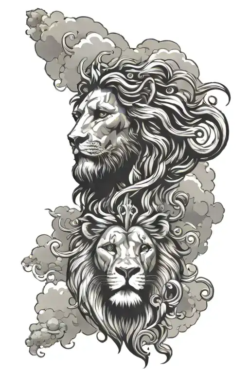 Lion face clouds surrounding Jesus stripped athena tattoo design idea