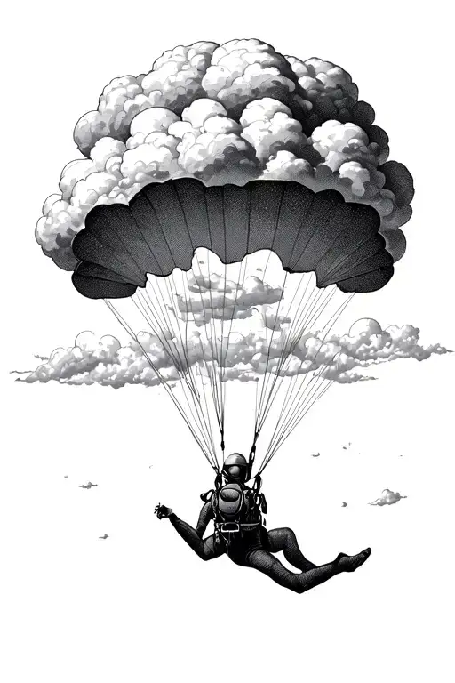 A skydiver descending from the sky, with intricate dotwork clouds and a parachute opening above them tattoo design idea