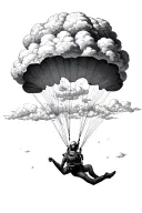 A skydiver descending from the sky, with intricate dotwork clouds and a parachute opening above them tattoo design idea