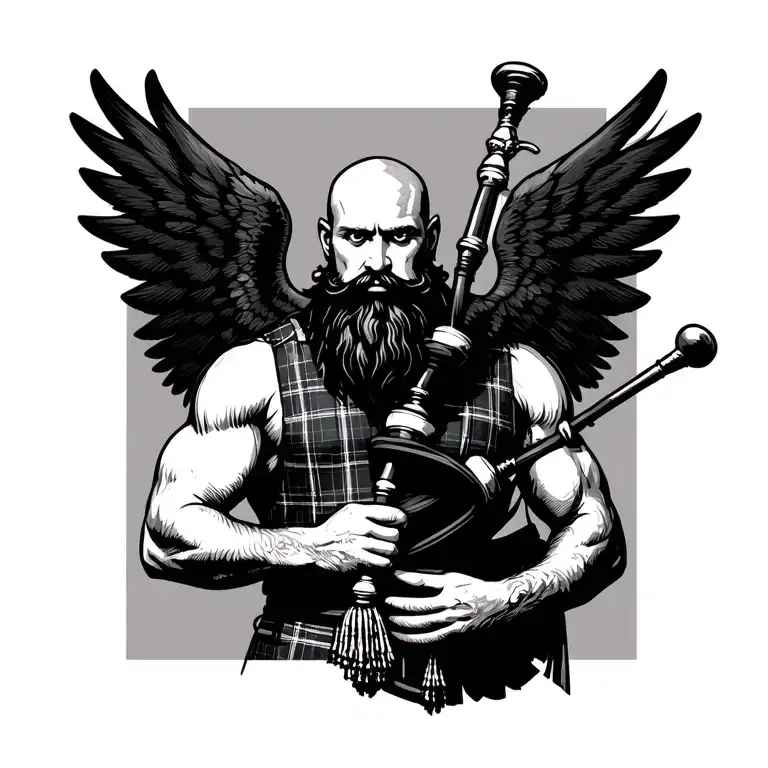 scottish bagpiper bald black beard muscular wearing glengarry pipes in arm big black wings tattoo design idea