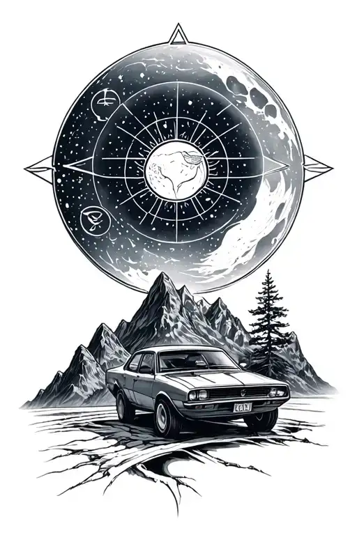 astrology, mountains, cars, moon, illuminati tattoo design idea