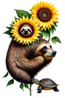 sunflower mandala design incorporating a sloth, bear and turtle tattoo design idea