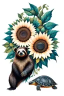 sunflower mandala design incorporating a sloth, bear and turtle tattoo design idea