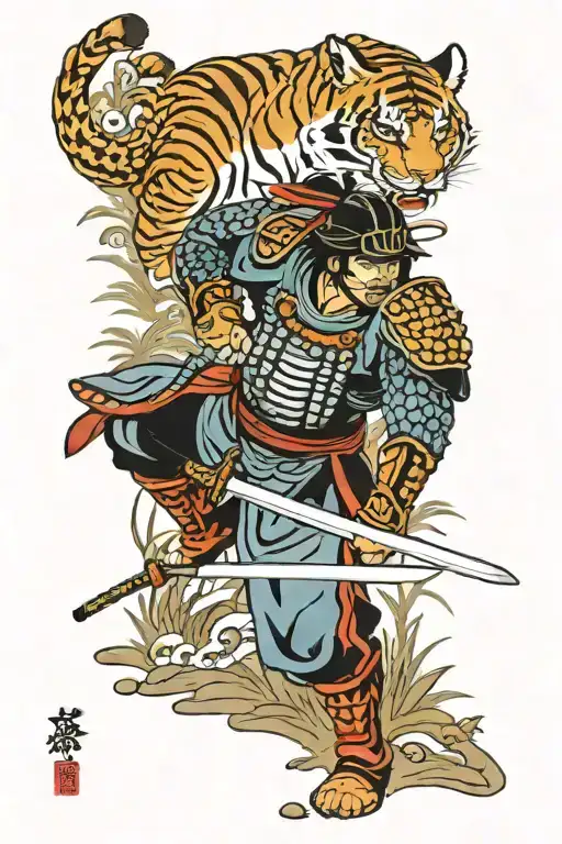 A Japanese style tattoo of a samurai warrior in armor wielding a samurai sword at a crouching tiger in the jungle tattoo design idea